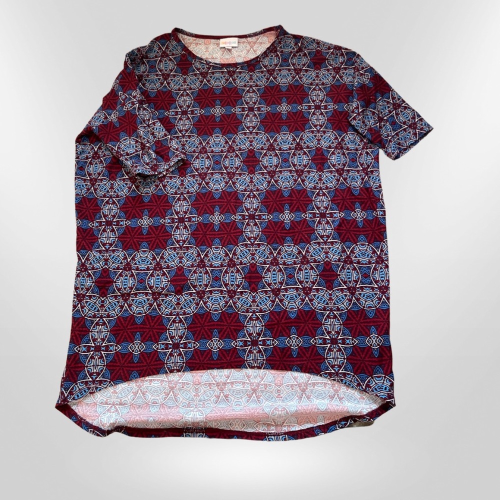 LulaRoe Irma Tunic blue, red, and white geometric shapes and super soft fabric